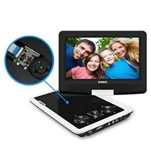 SYNAGY portable DVD player attached to headrest with swivel screen and rechargeable battery, best brand of portable dvd player